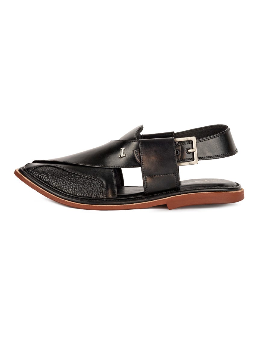 Black Trendy Leather Sole Peshawari Chappal | Jjfw-Jpc-11434
