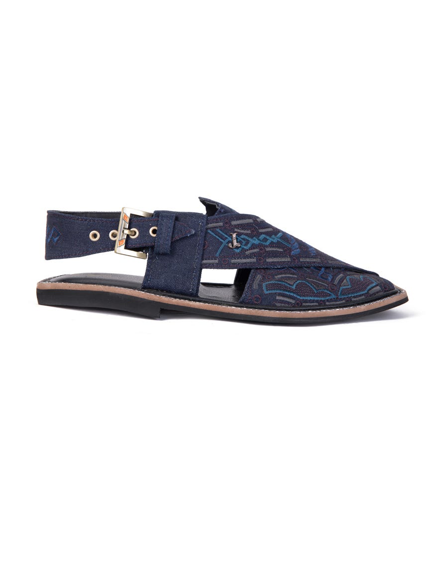 Blue Embroidered Peshawari Chappal | Jjfw-Jpc-137