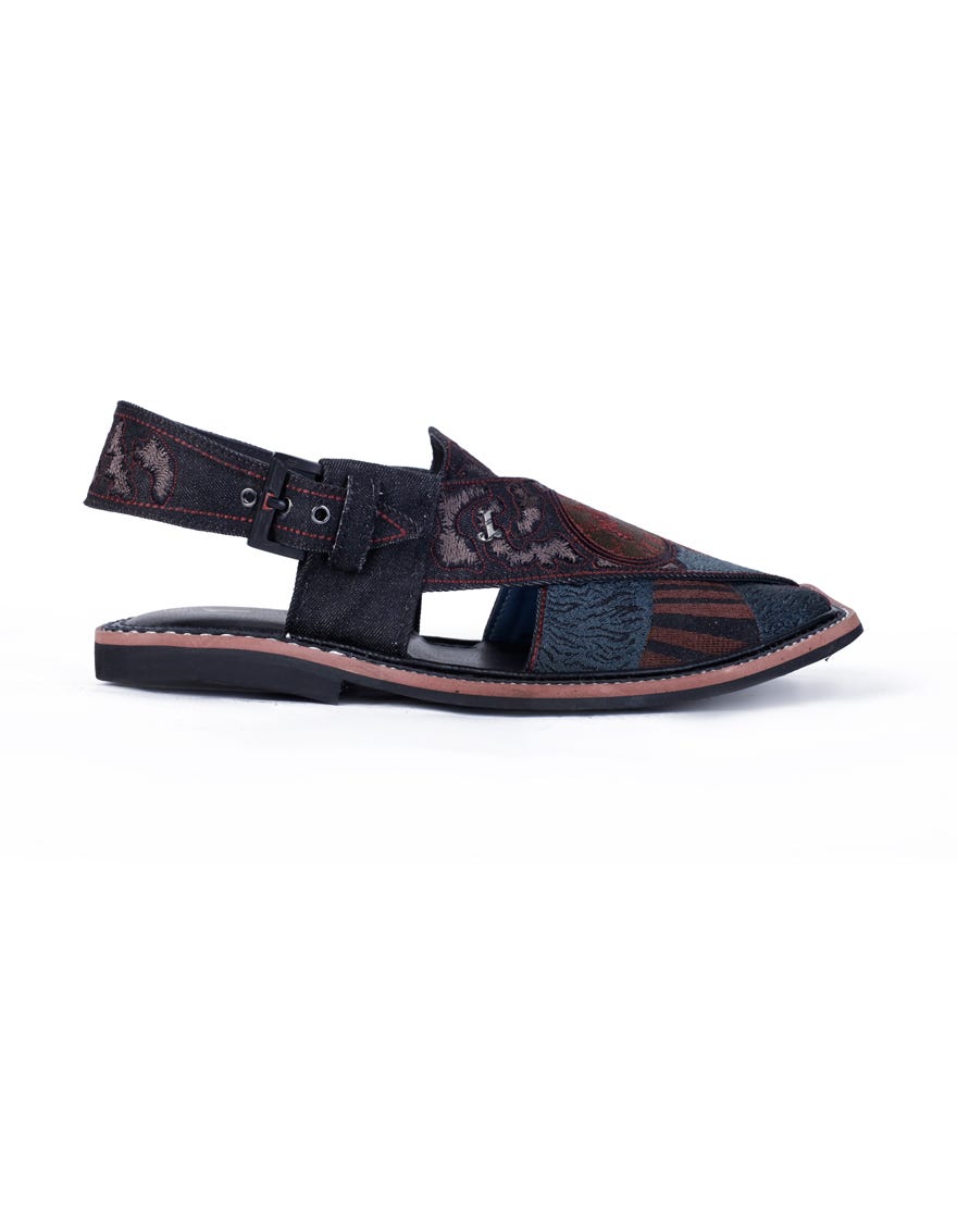 Black Embroidered Peshawari Chappal | Jjfw-Jpc-185-R1