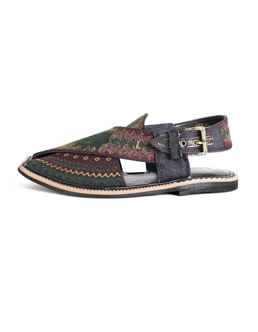 Green Embroidered Peshawari Chappal | Jjfw-Jpc-198-Emb-R1