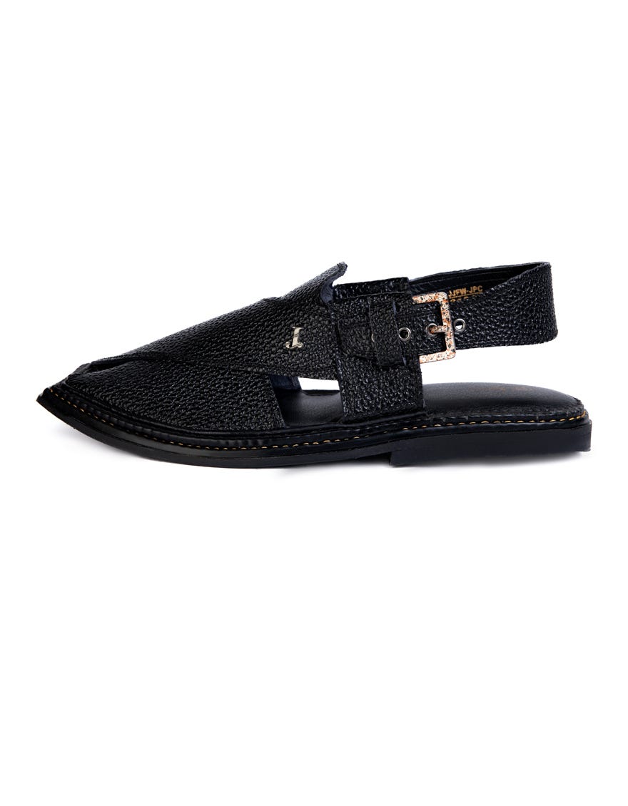Black Textured Peshawari Chappal | Jjfw-Jpc-21342