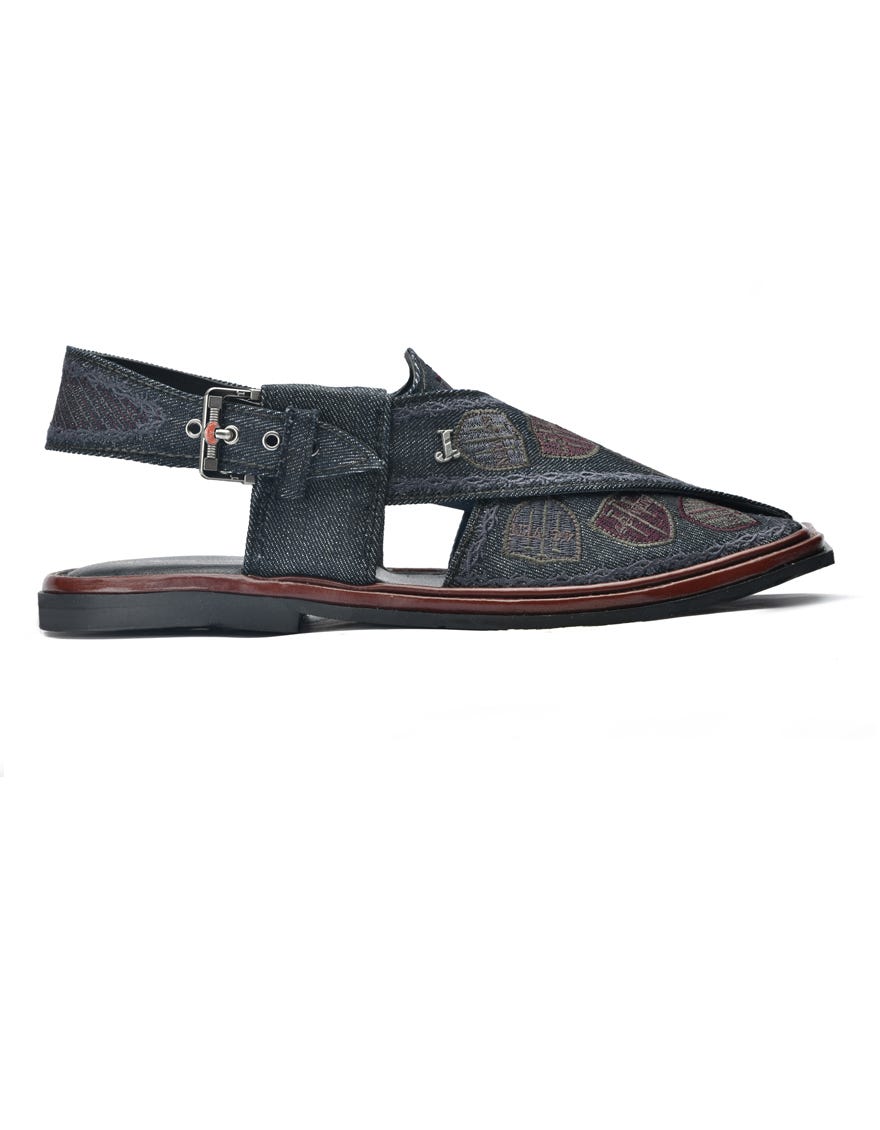 Denim Black Peshawari Chappal | Jjfw-Jpc-353-Emb