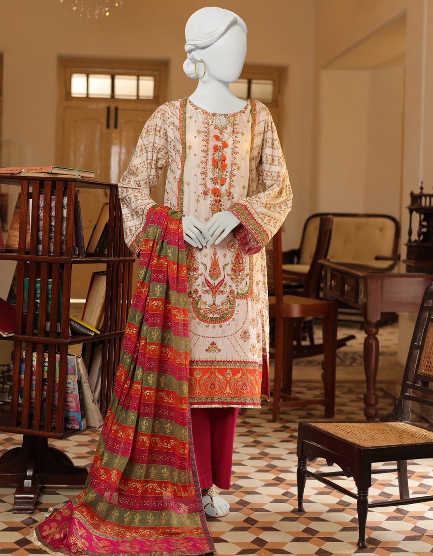 Off White Raw Silk 3 Piece Stitched Dress | Jjpw-S-Jps-22-3907