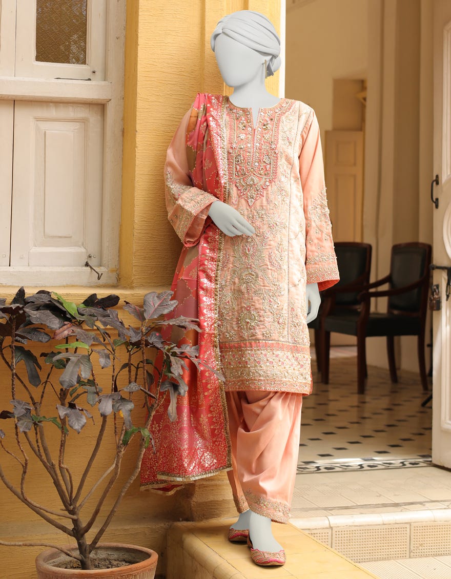 Peach Silk 3 Piece Stitched Dress | Jjpw-S-Jps-23-3901