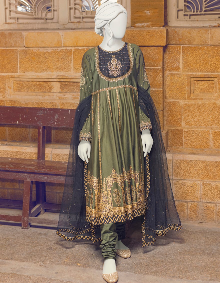 Mehndi Green Cotton 3 Piece Stitched Dress | Jjpw-W-Jps-22-3935