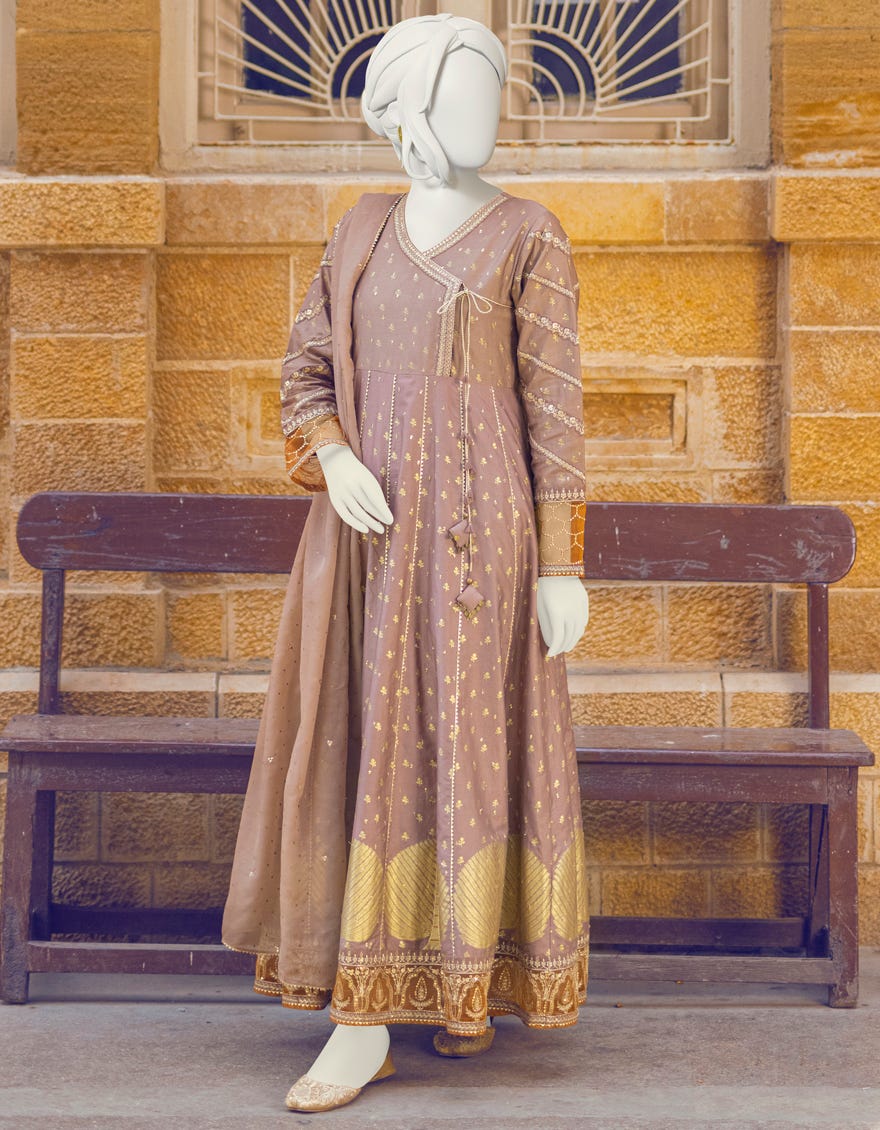 Beige Satin 3 Piece Stitched Dress | Jjpw-W-Jps-22-3937