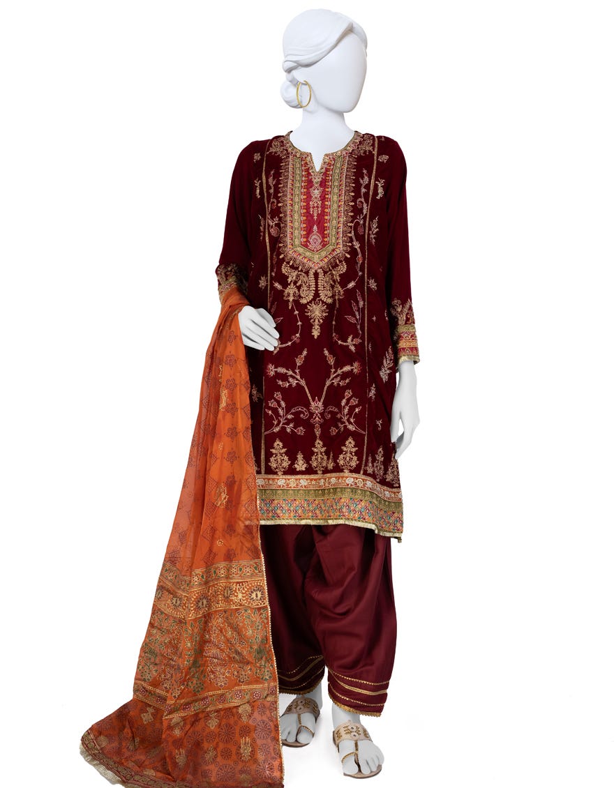 Maroon Velvet 3 Piece Stitched Dress | Jjpw-W-Jps-22-3939