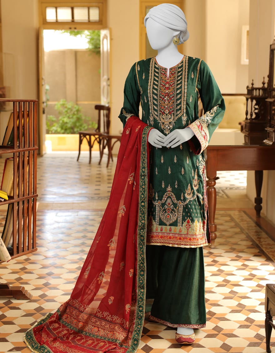 Dark Green 3 Piece Stitched Dress | Jjpw-S-Jps-22-3940