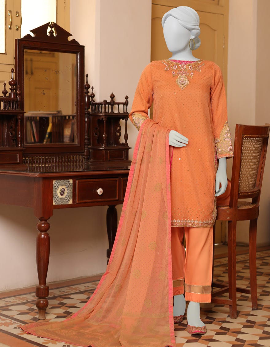 Peach Organza 3 Piece Stitched Dress | Jjpw-W-Jps-22-3947