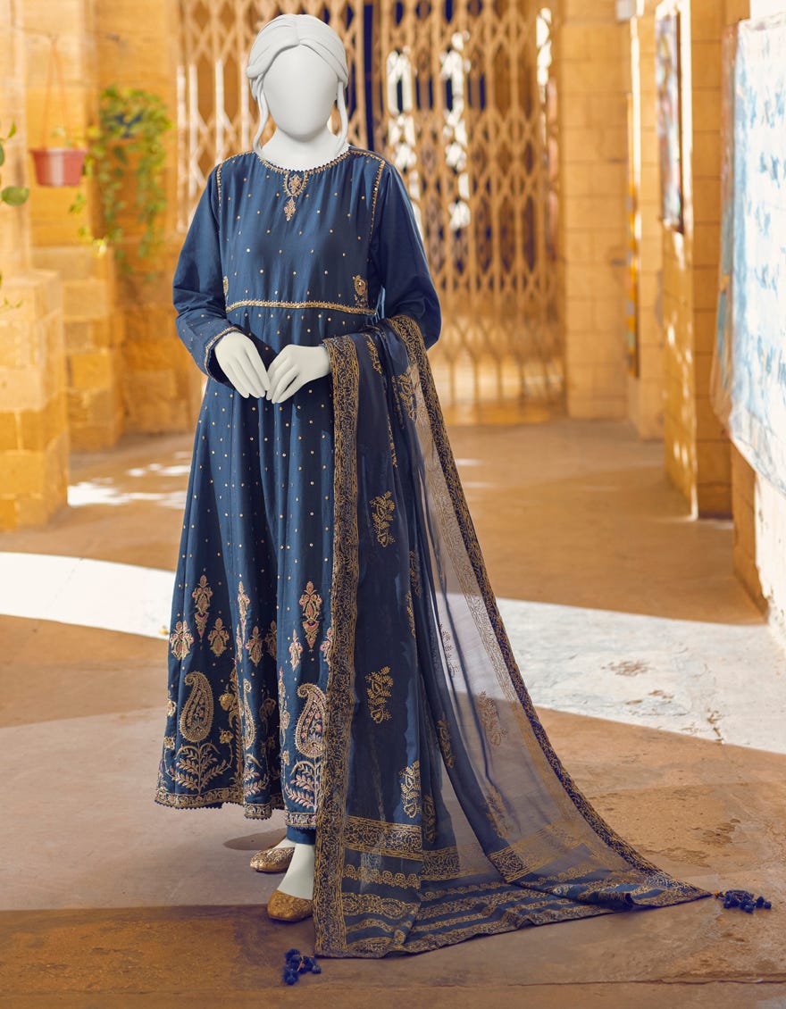 Teal Cotton 3 Piece Stitched Dress | Jjpw-W-Jps-22-3948