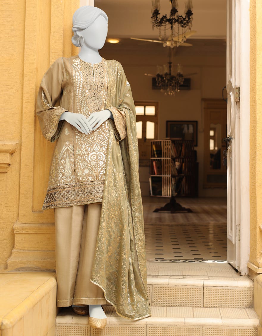 Dull Green Raw Silk 3 Piece Stitched Dress | Jjpw-S-Jps-23-3902