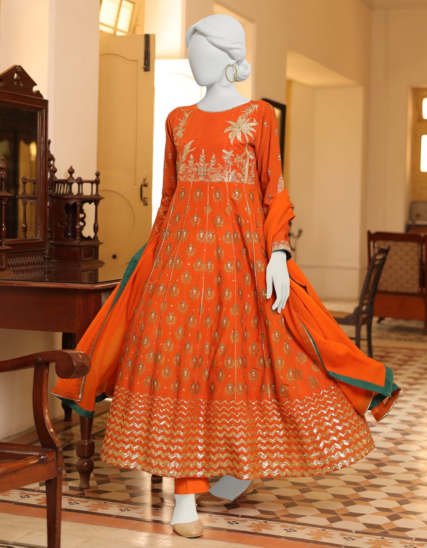 Orange Paper Cotton 3 Piece Stitched Dress | Jjpw-S-Jps-23-3903