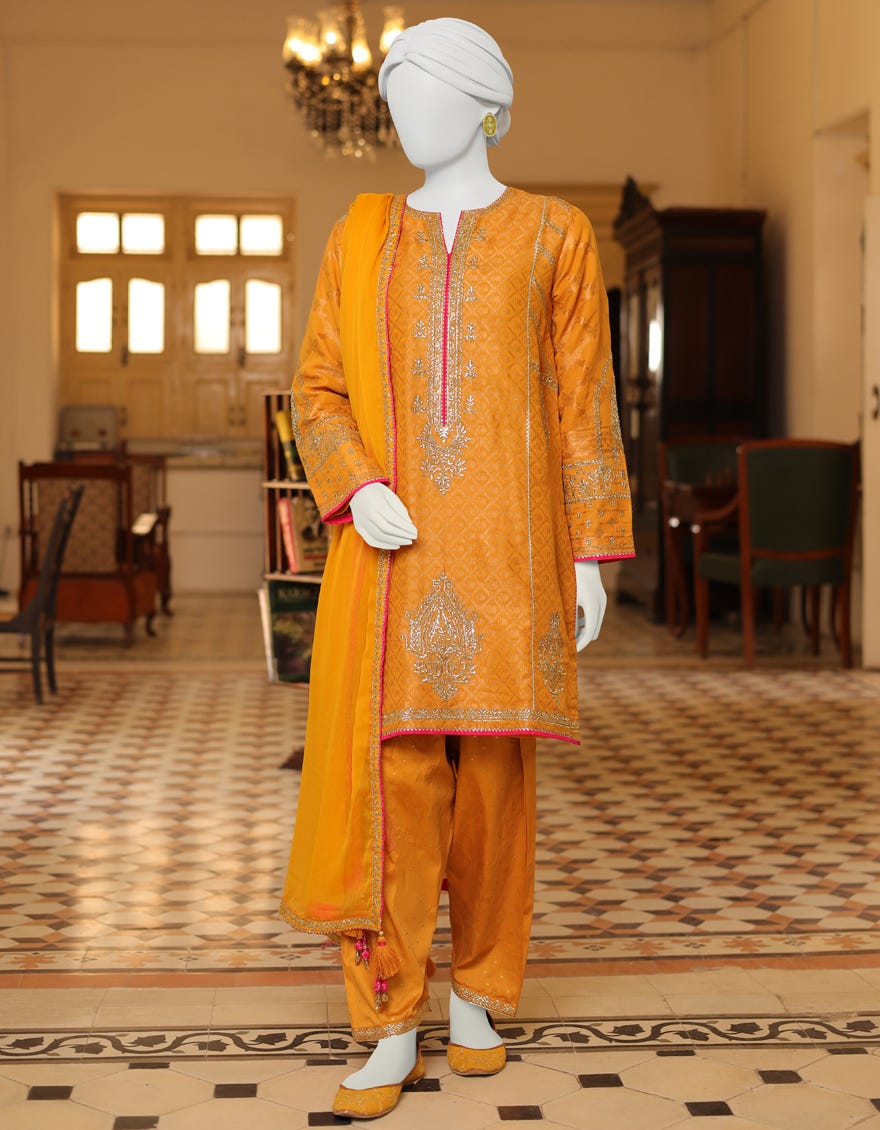 Ochre Dyed 3 Piece Stitched Dress | Jjpw-S-Jps-23-3905