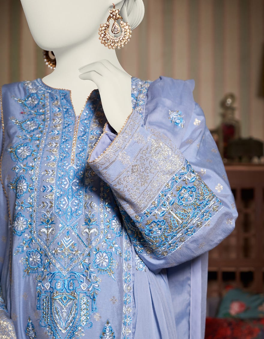 Blue Dyed Jacquard 3 Piece Stitched Dress | Jjpw-S-Jps-23-3908