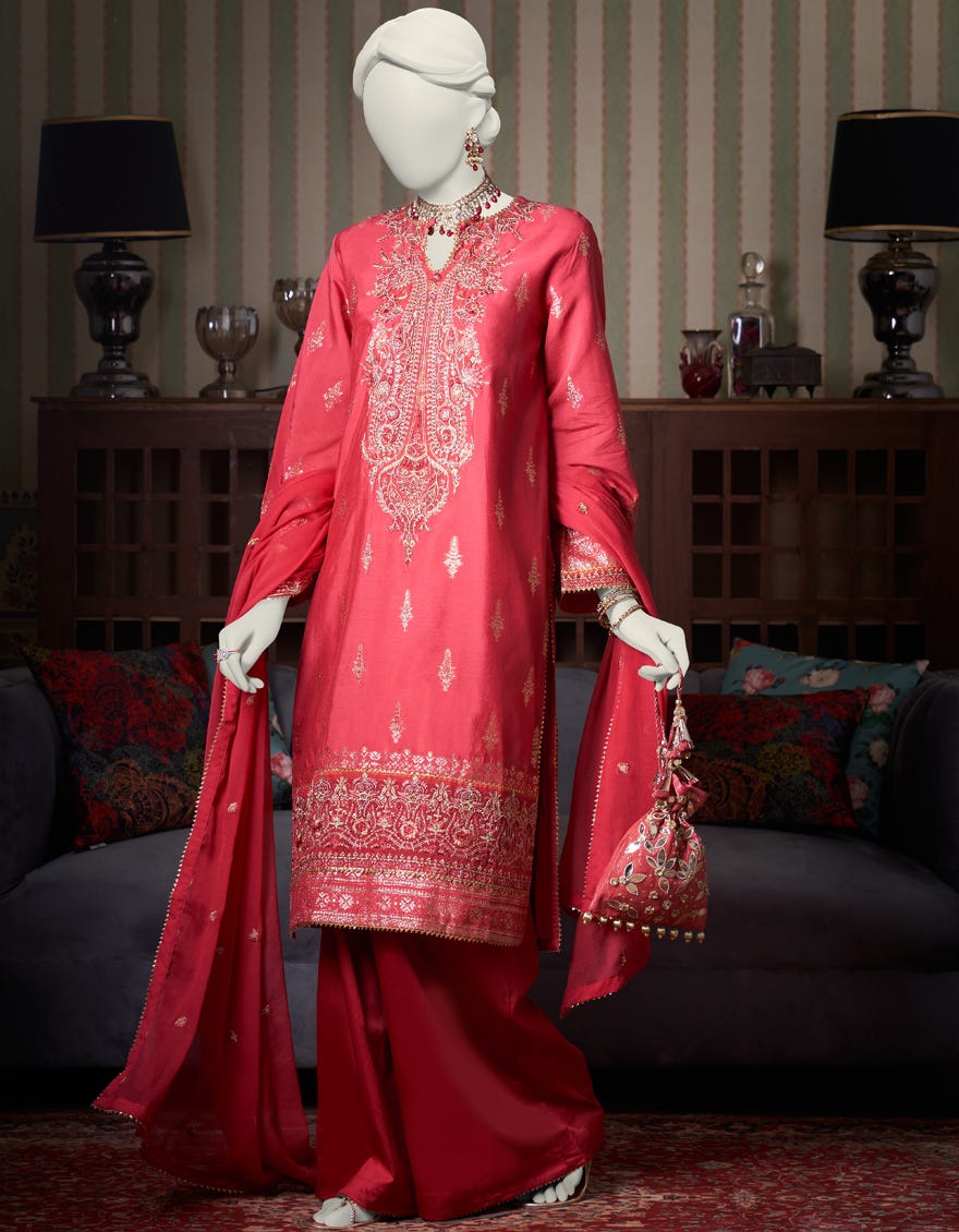 Red Dyed Jacquard 3 Piece Stitched Dress | Jjpw-S-Jps-23-3909