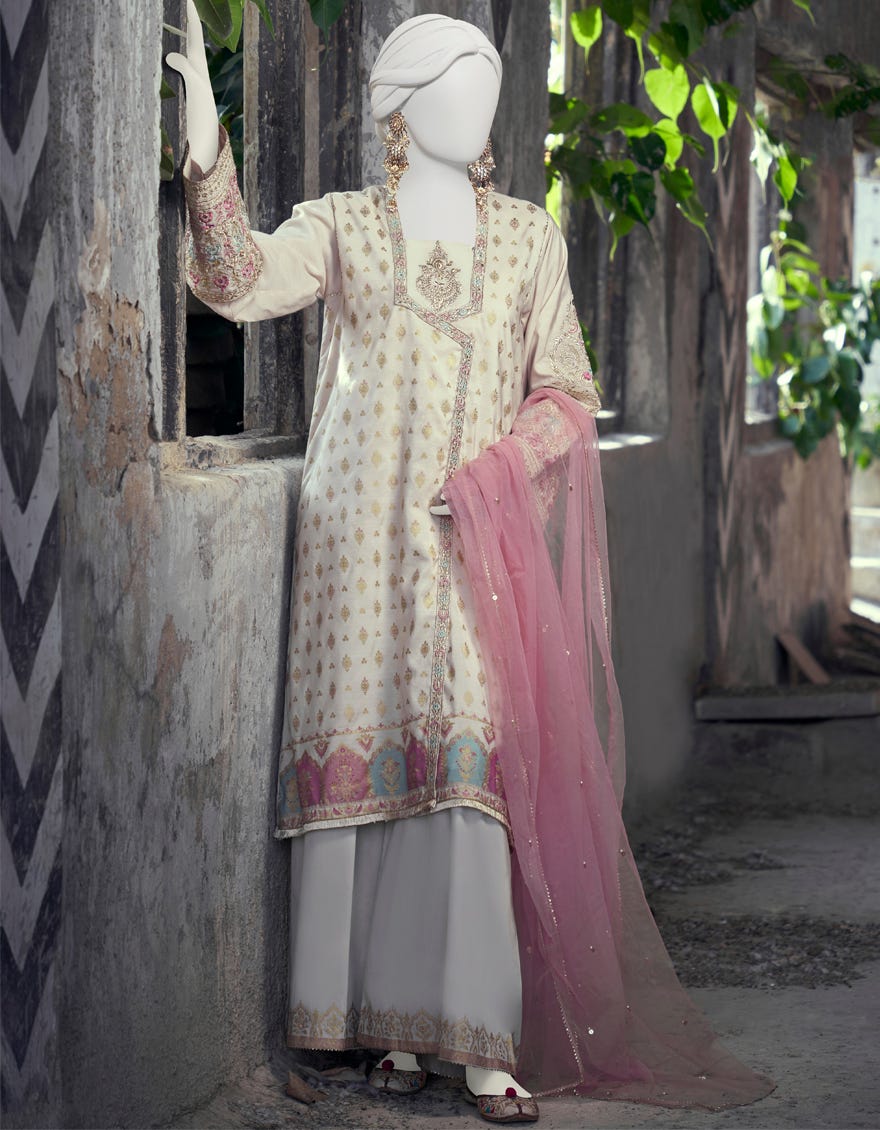 Off White Paper Cotton 3 Piece Stitched Dress | Jjpw-S-Jps-23-3915
