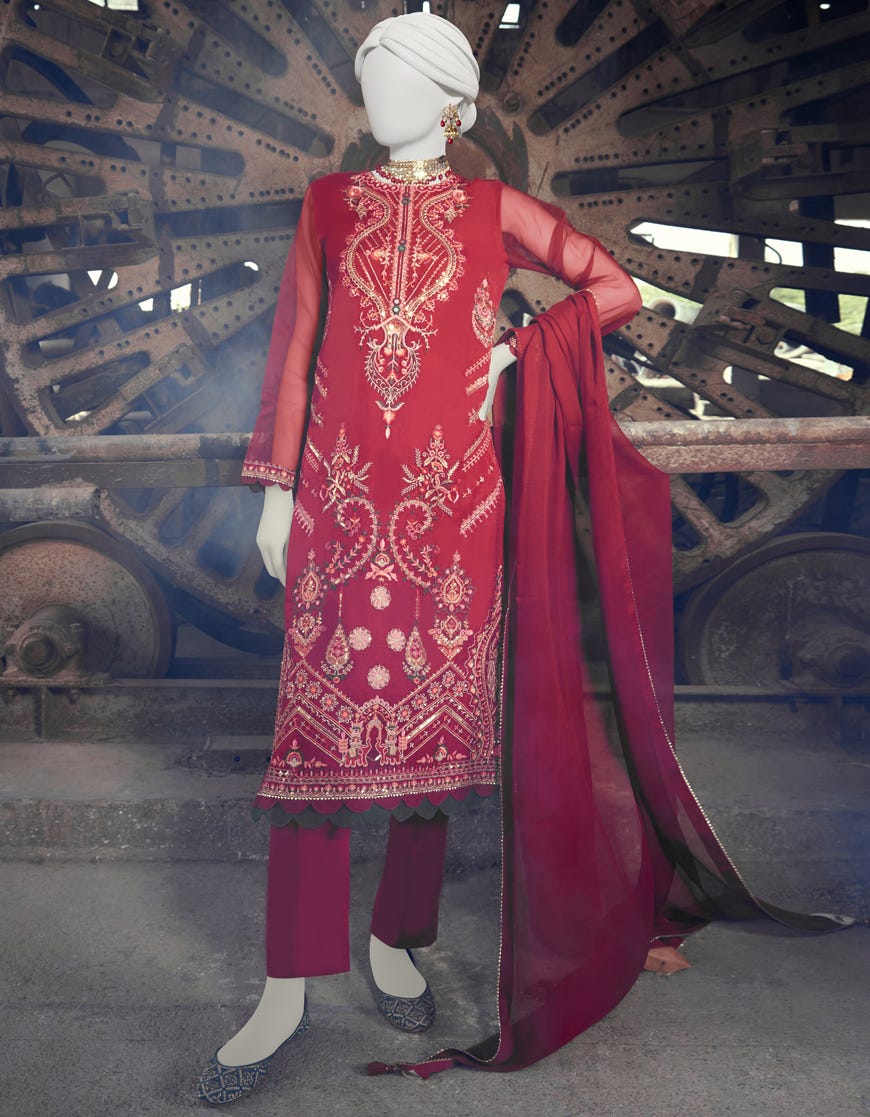 Maroon Organza 3 Piece Stitched Dress | Jjpw-S-Jps-23-3920