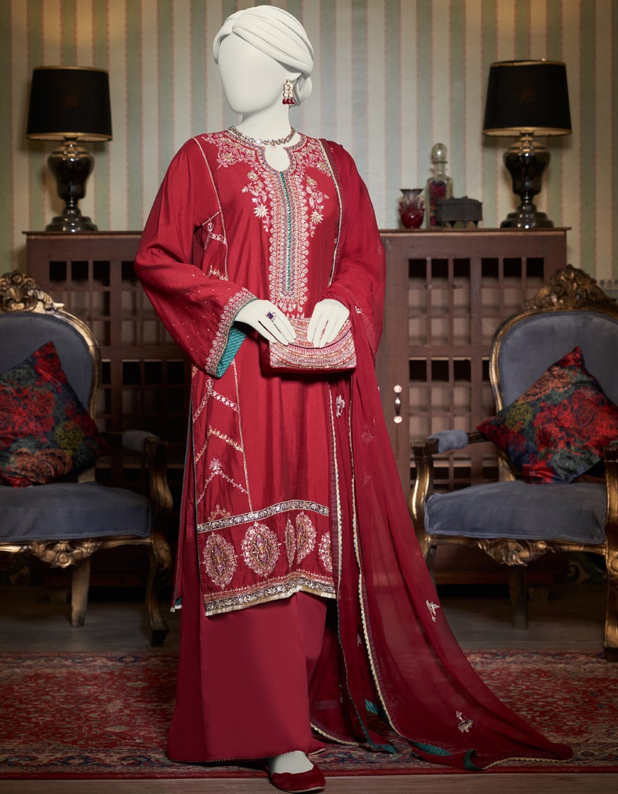 Red Paper Cotton 3 Piece Stitched Dress | Jjpw-W-Jps-23-3922