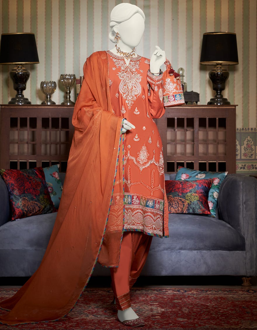 Red Cotton Satin 3 Piece Stitched Dress | Jjpw-W-Jps-23-3924
