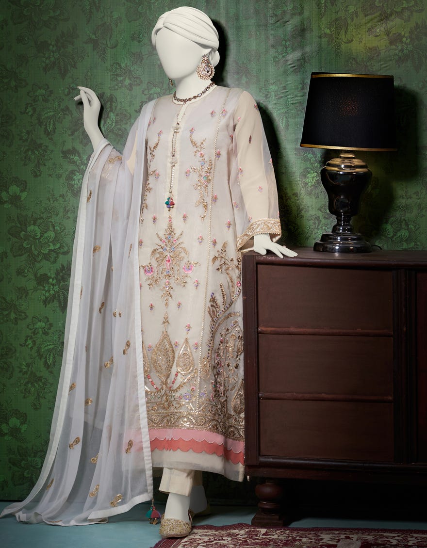 White Organza 3 Piece Stitched Dress | Jjpw-W-Jps-23-3935
