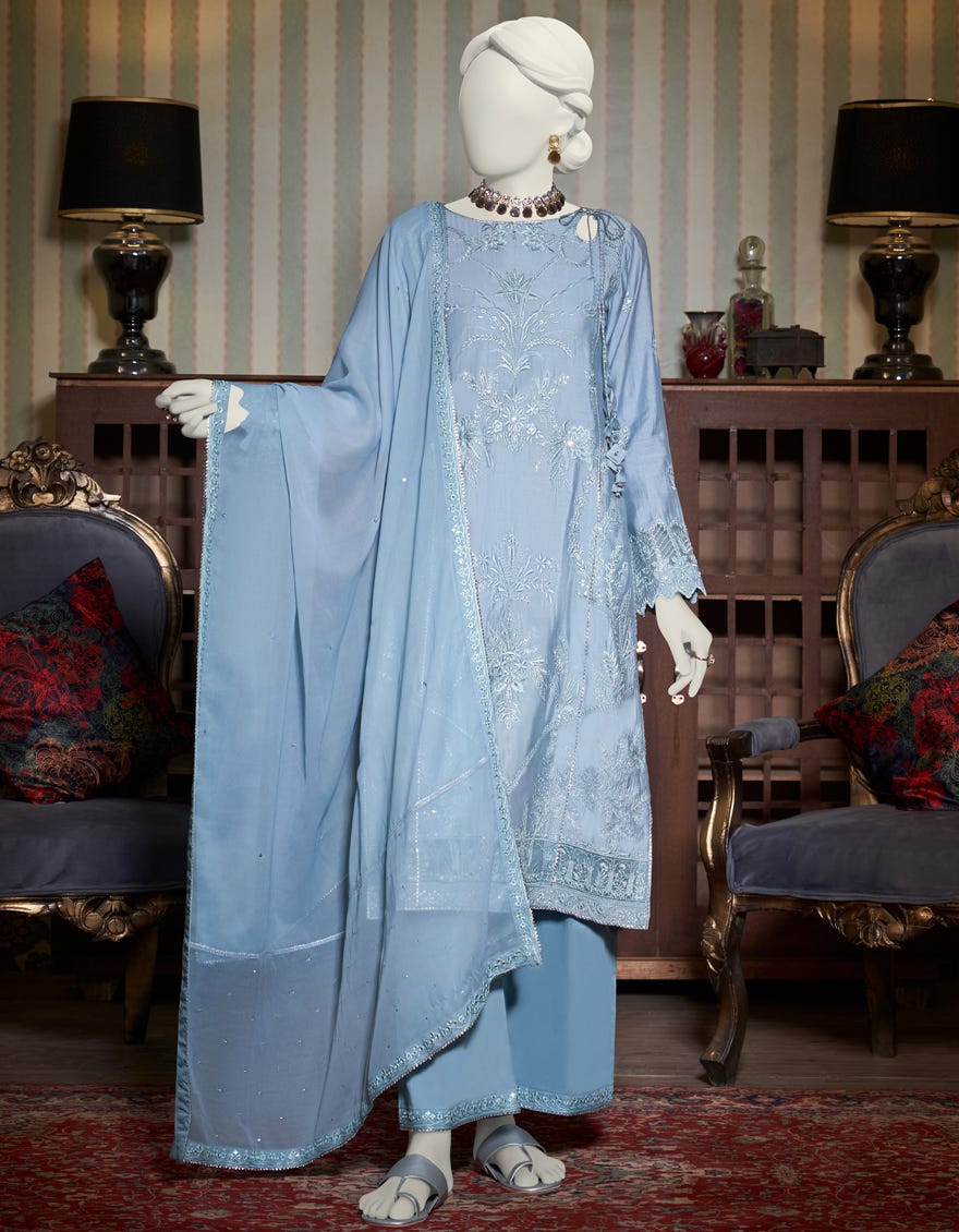 Blue Paper Cotton 3 Piece Stitched Dress | Jjpw-W-Jps-23-3937