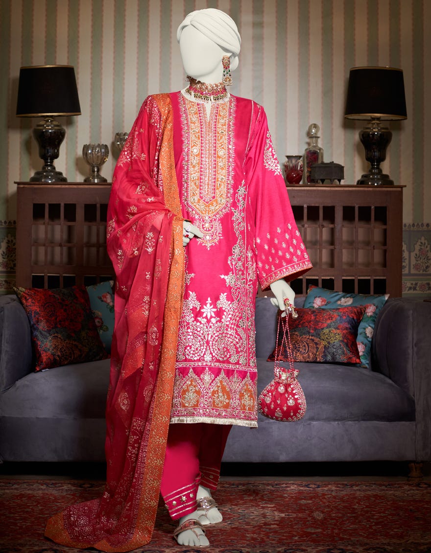 Pink Raw Silk 3 Piece Stitched Dress | Jjpw-W-Jps-23-3941