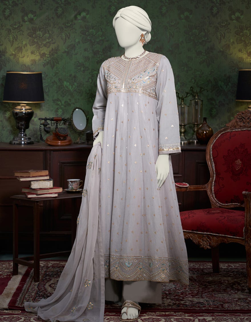 Grey Dyed 3 Piece Stitched Dress | Jjpw-W-Jps-23-3945