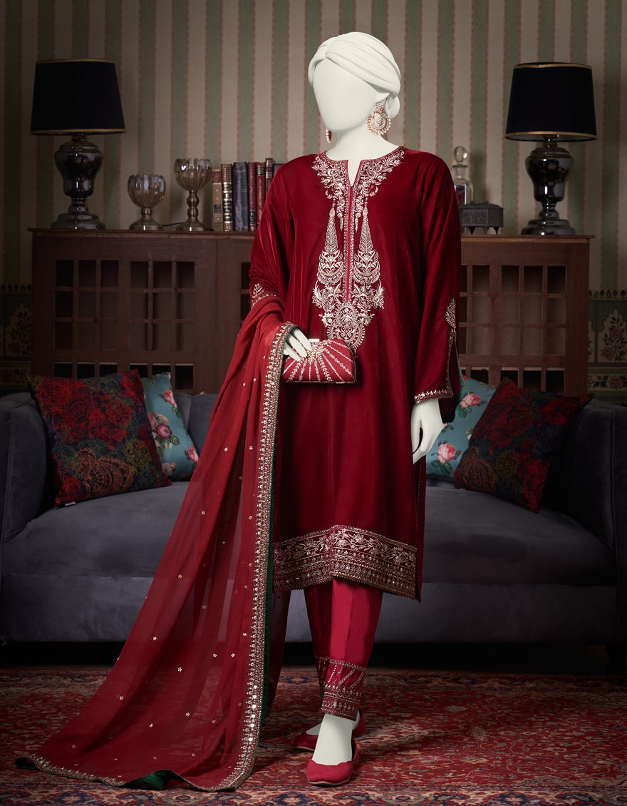 Maroon Velvet 3 Piece Stitched Dress | Jjpw-W-Jps-23-3946