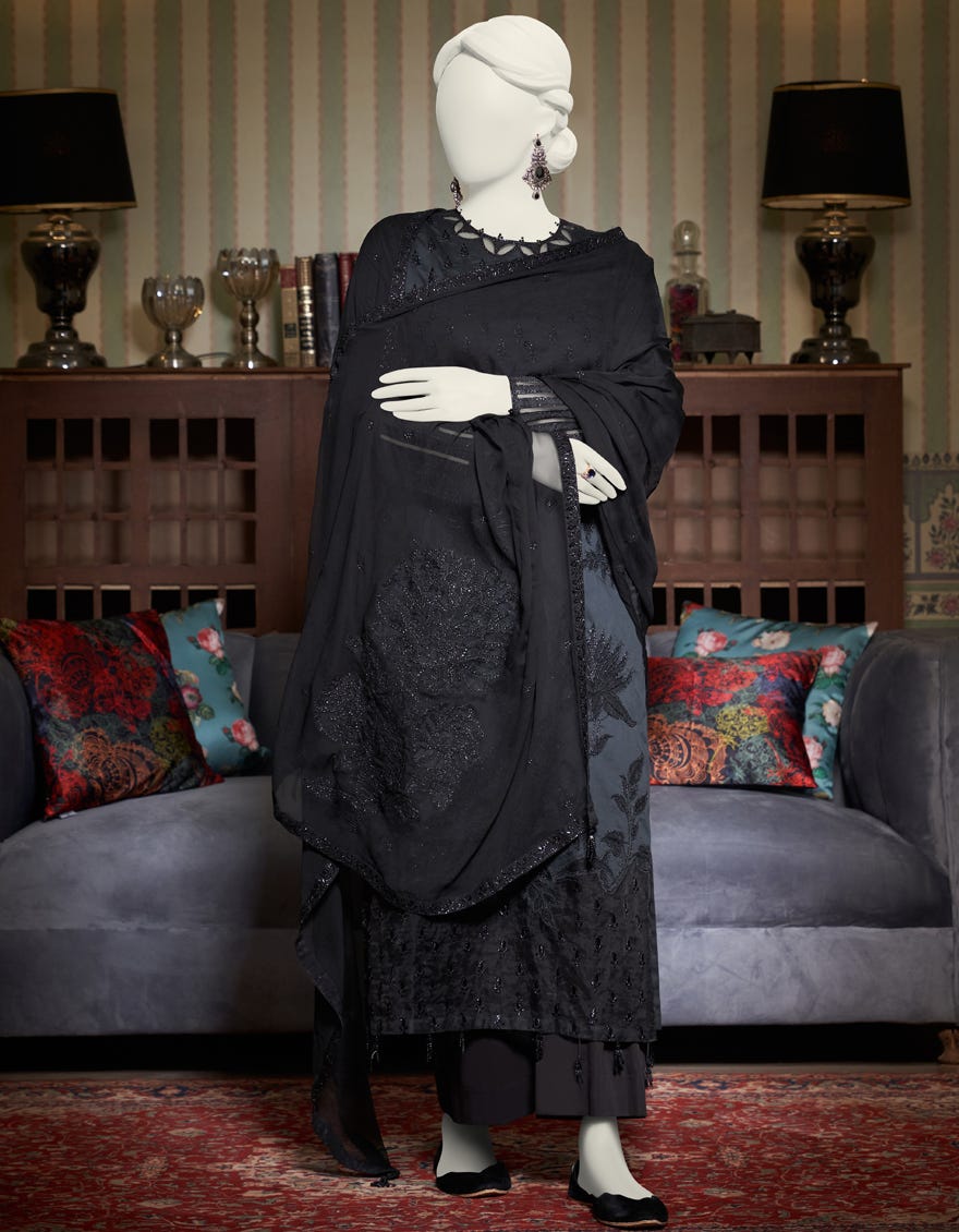 Black Cotton Satin 3 Piece Stitched Dress | Jjpw-W-Jps-23-3948