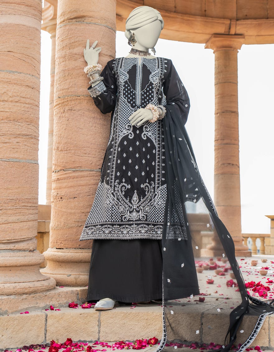 Black Raw Silk Stitched 3 Piece | Jjpw-S-Jps-24-3903