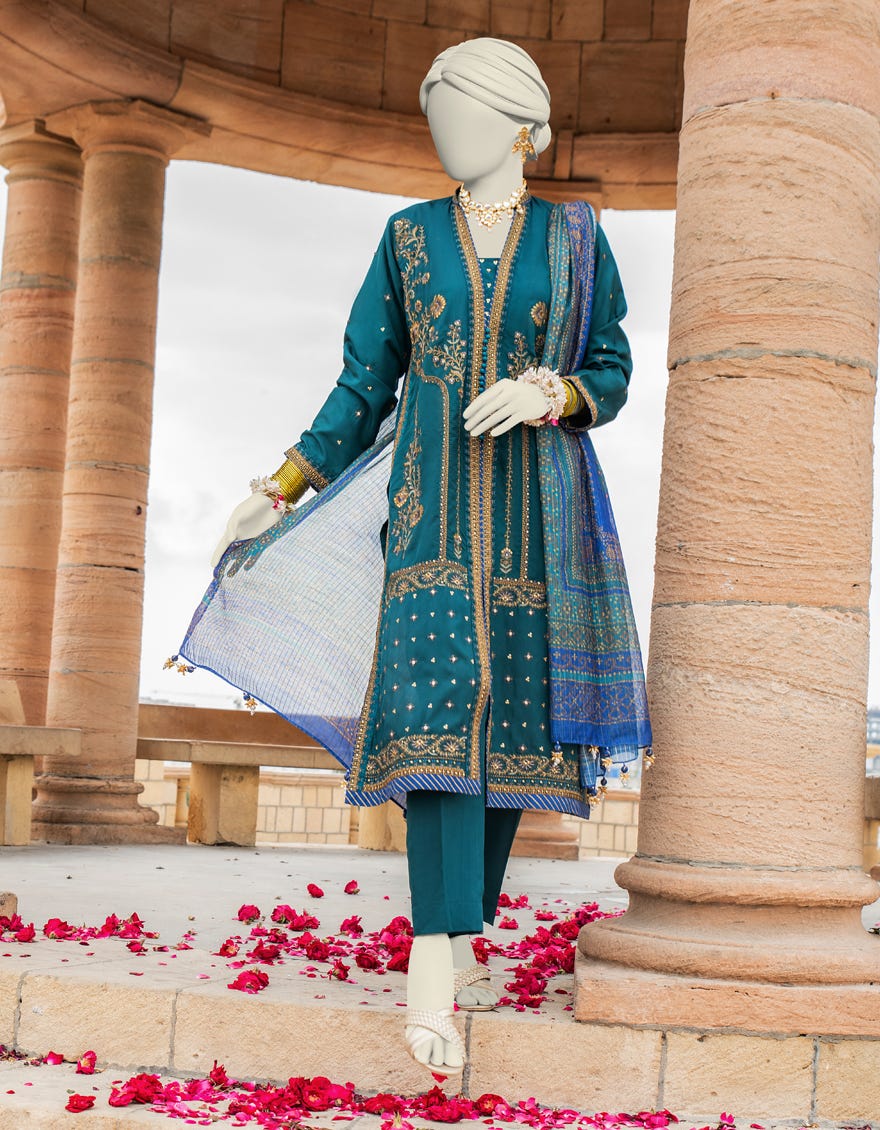 Green Raw Silk Stitched 3 Piece | Jjpw-S-Jps-24-3908