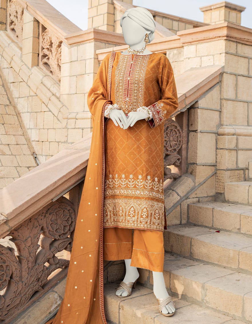 Mustard Cotton Net Stitched 3 Piece | Jjpw-S-Jps-24-3917