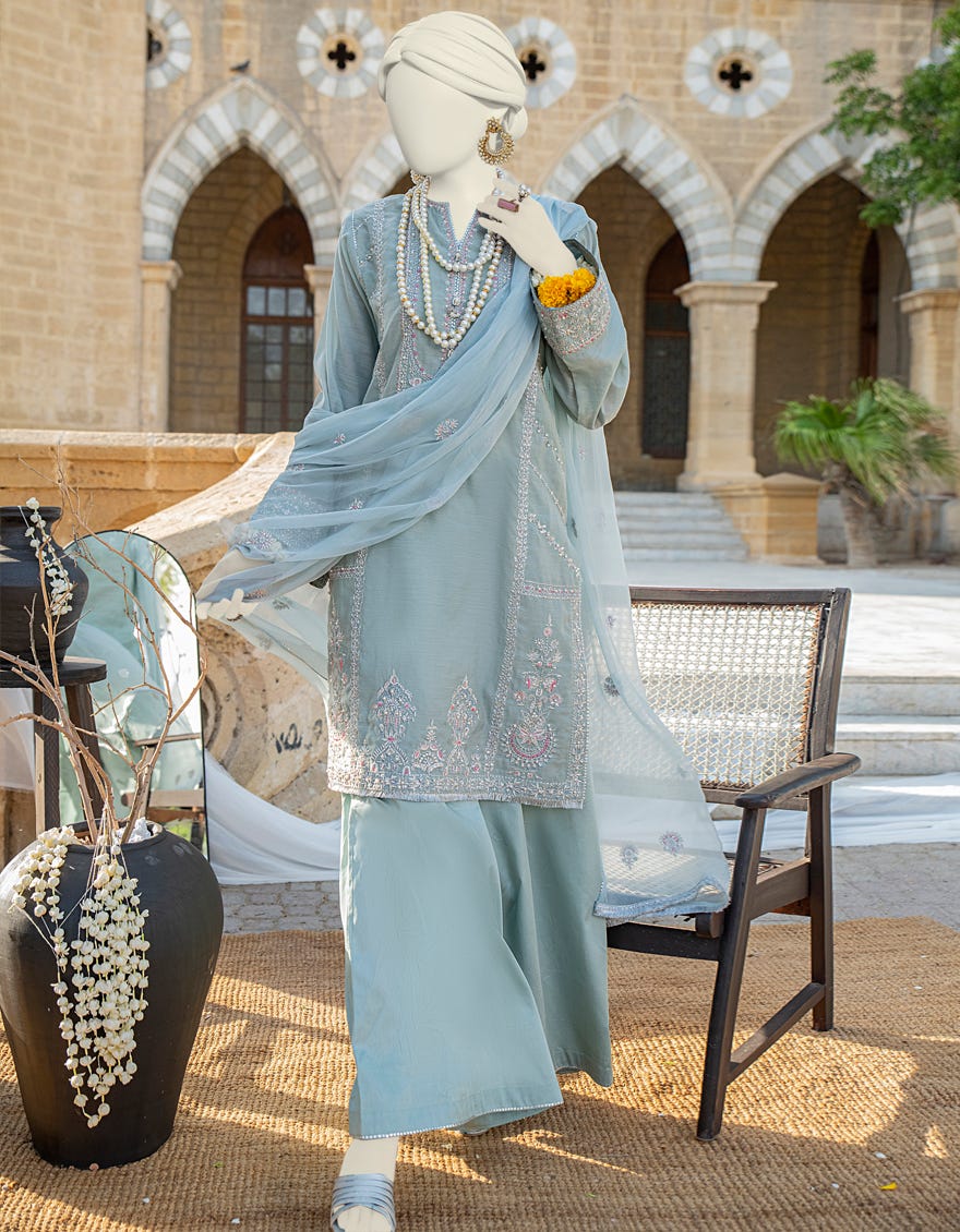 Sea Green Paper Cotton 3 Piece Stitched Dress | Jjpw-S-Jps-24-3922