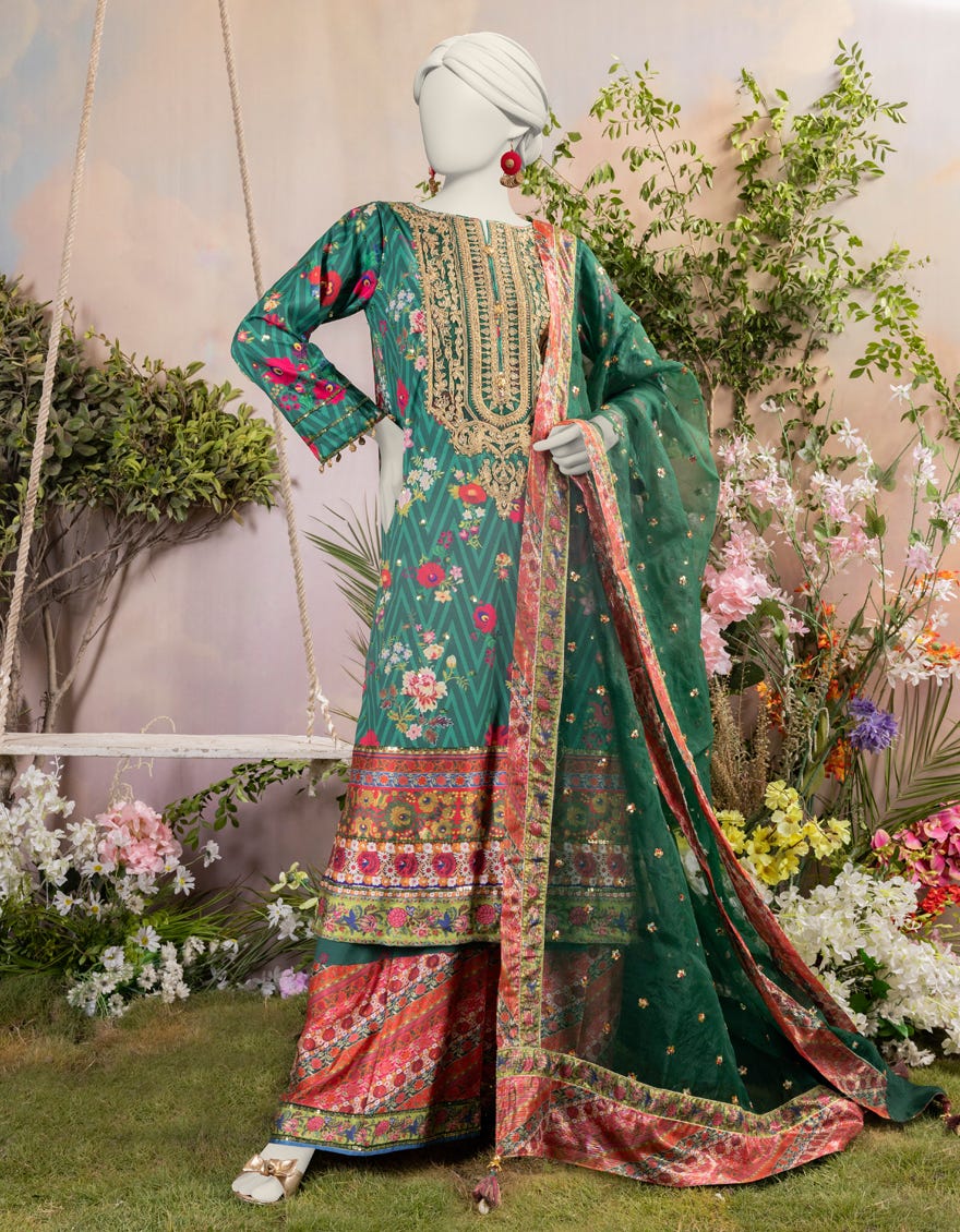 Green Silk 3 Piece Embroidered Stitched | Jjpw-S-Jps-24-3936