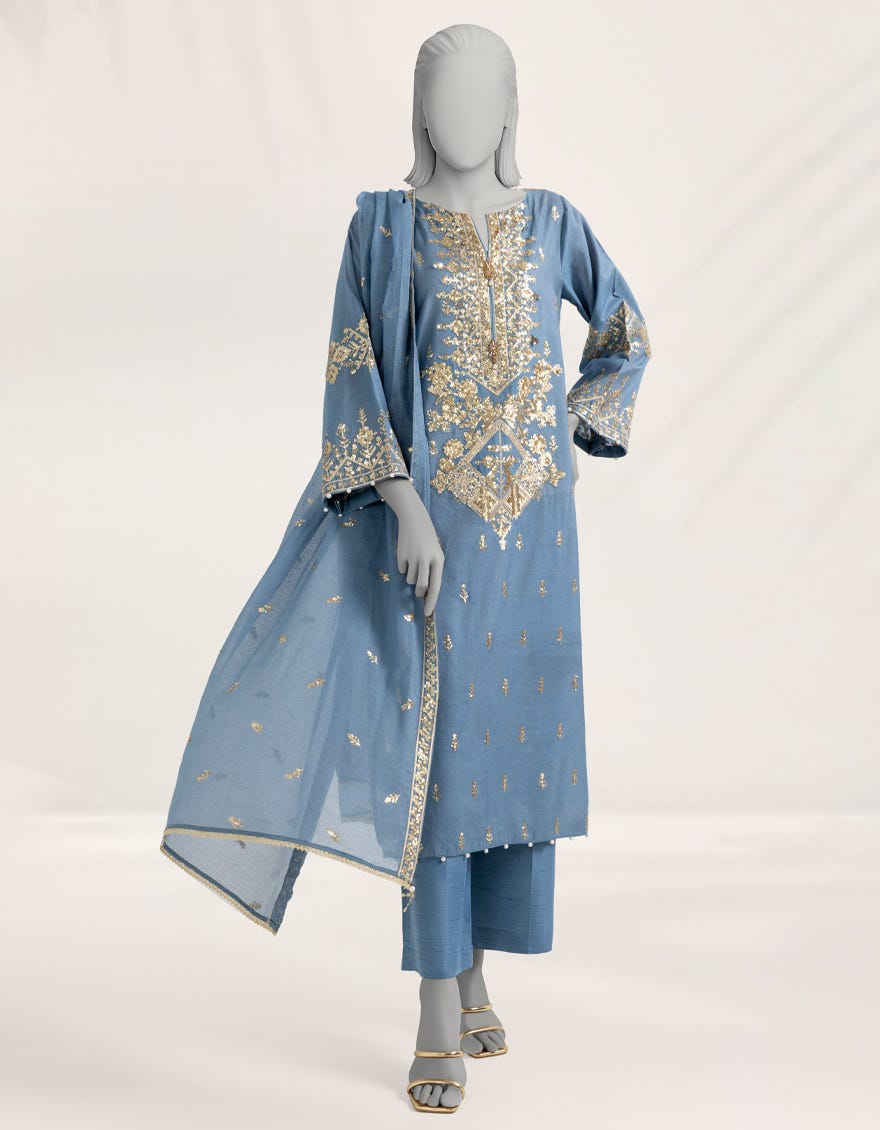 BLUE EMBROIDERED COTTON NET 3PC STITCHED – J.