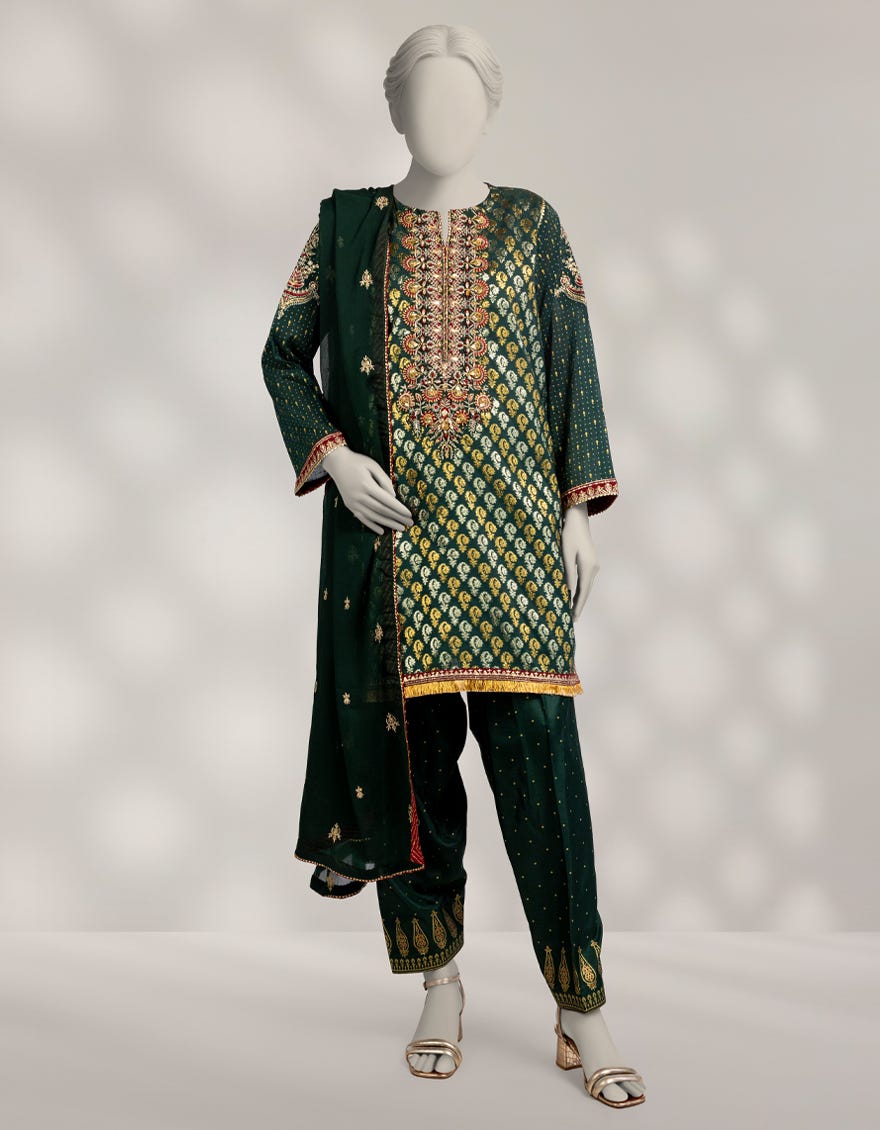 GREEN JACQUARD EMBROIDERED 3PC STITCHED