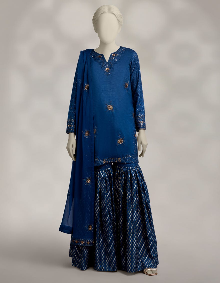 BLUE RAW SILK EMBROIDERED 3PC STITCHED