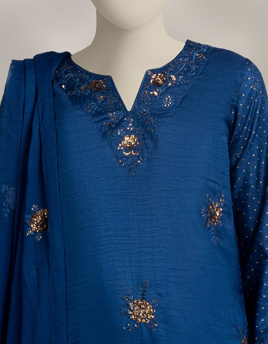 BLUE RAW SILK EMBROIDERED 3PC STITCHED