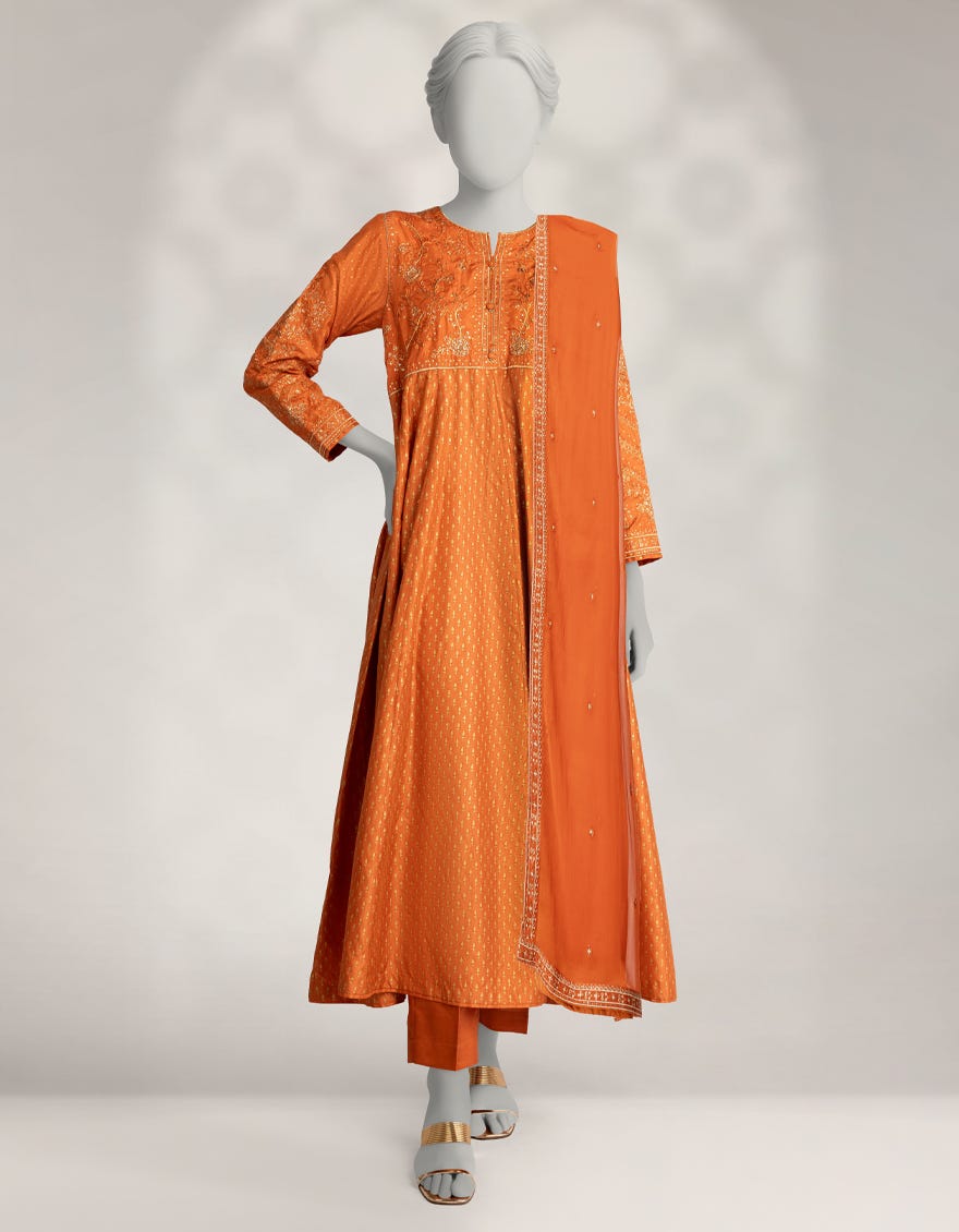 RUST RAW SILK EMBROIDERED 3PC STITCHED