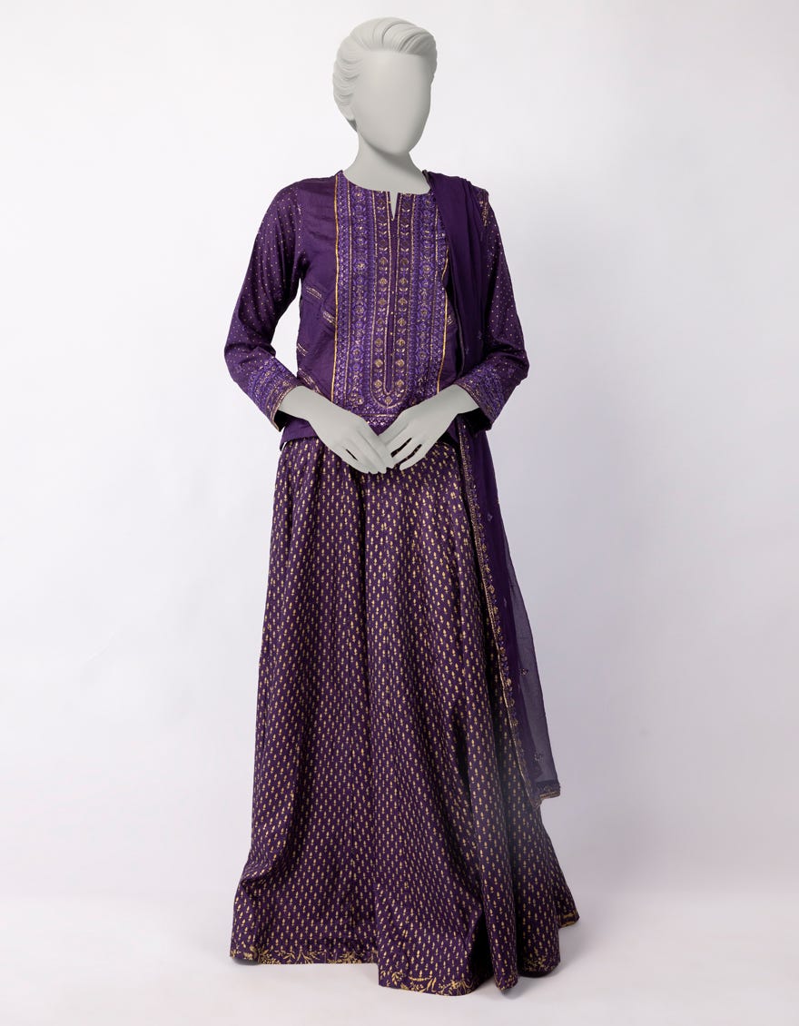 PURPLE RAW SILK EMBROIDERED 3PC STITCHED