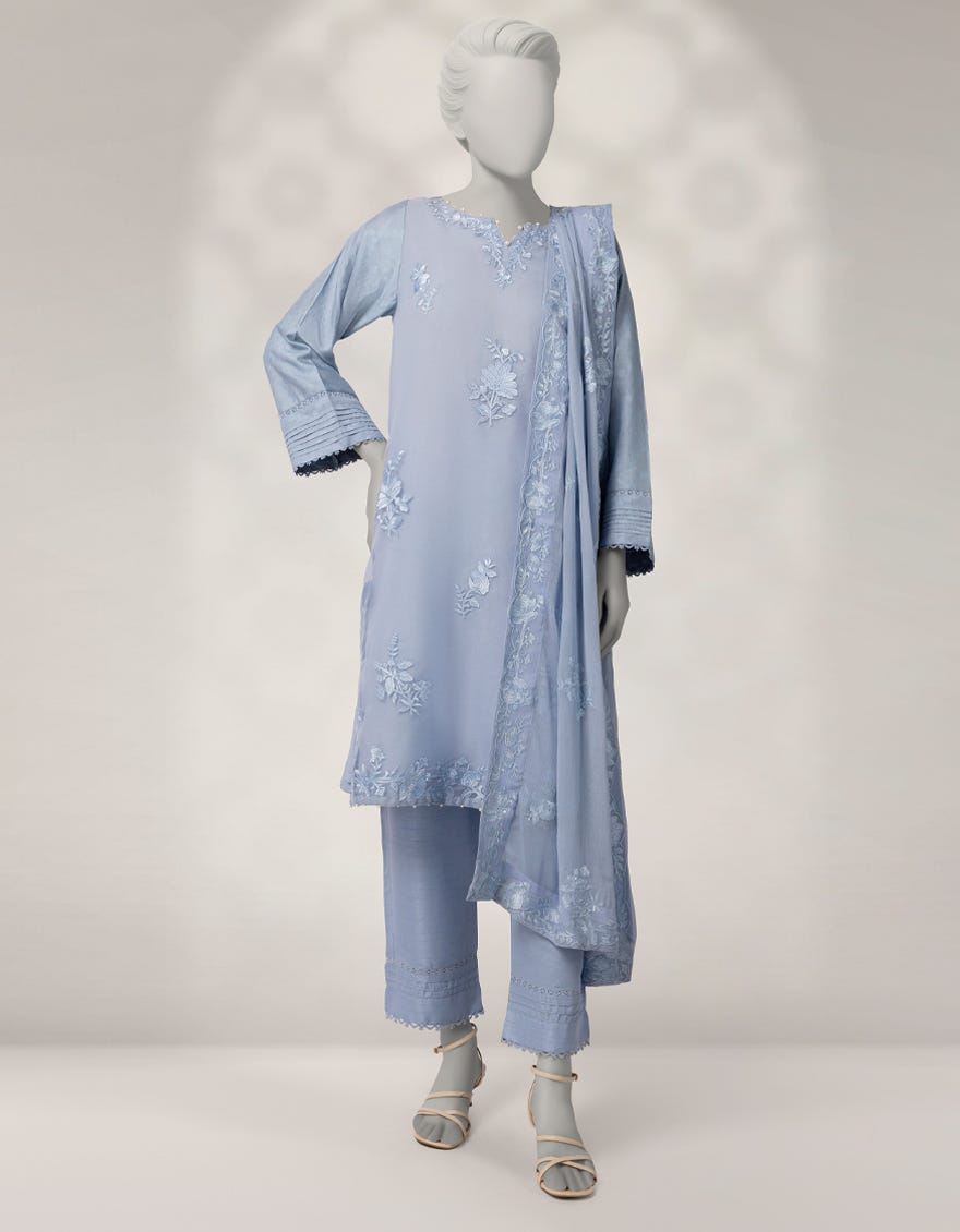 BLUE JACQUARD EMBROIDERED 3PC STITCHED