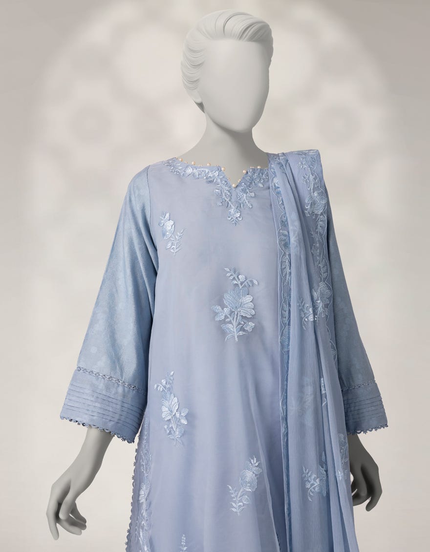 BLUE JACQUARD EMBROIDERED 3PC STITCHED