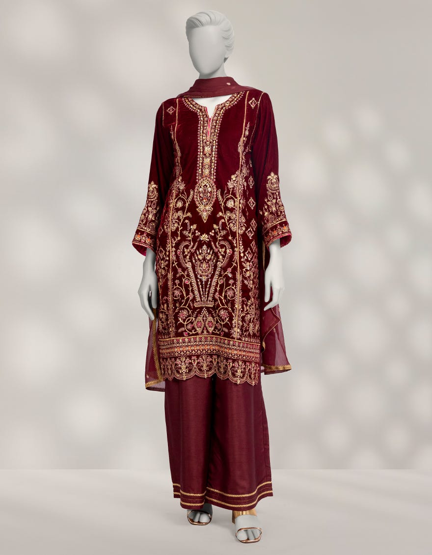 MAROON VELVET EMBROIDERED 3PC STITCHED