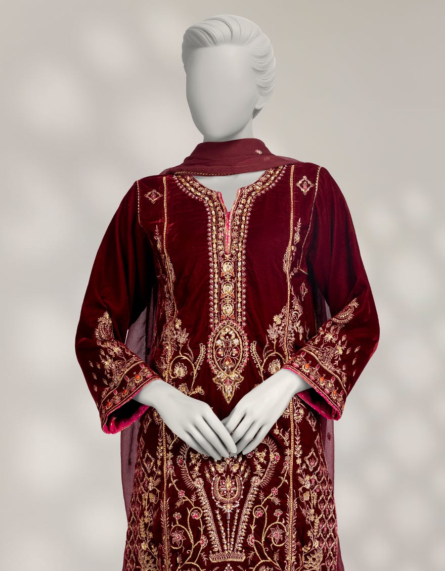 MAROON VELVET EMBROIDERED 3PC STITCHED