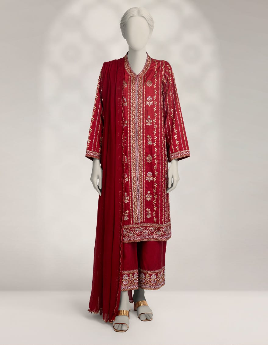 MAROON RAW SILK EMBROIDERED 3PC STITCHED