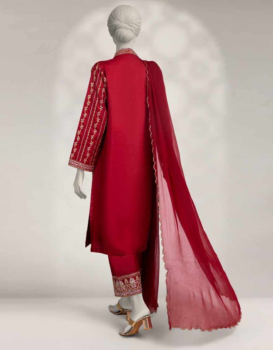 MAROON RAW SILK EMBROIDERED 3PC STITCHED