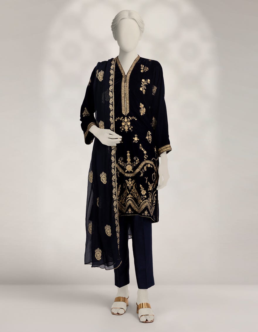 BLUE VELVET EMBROIDERED 3PC STITCHED