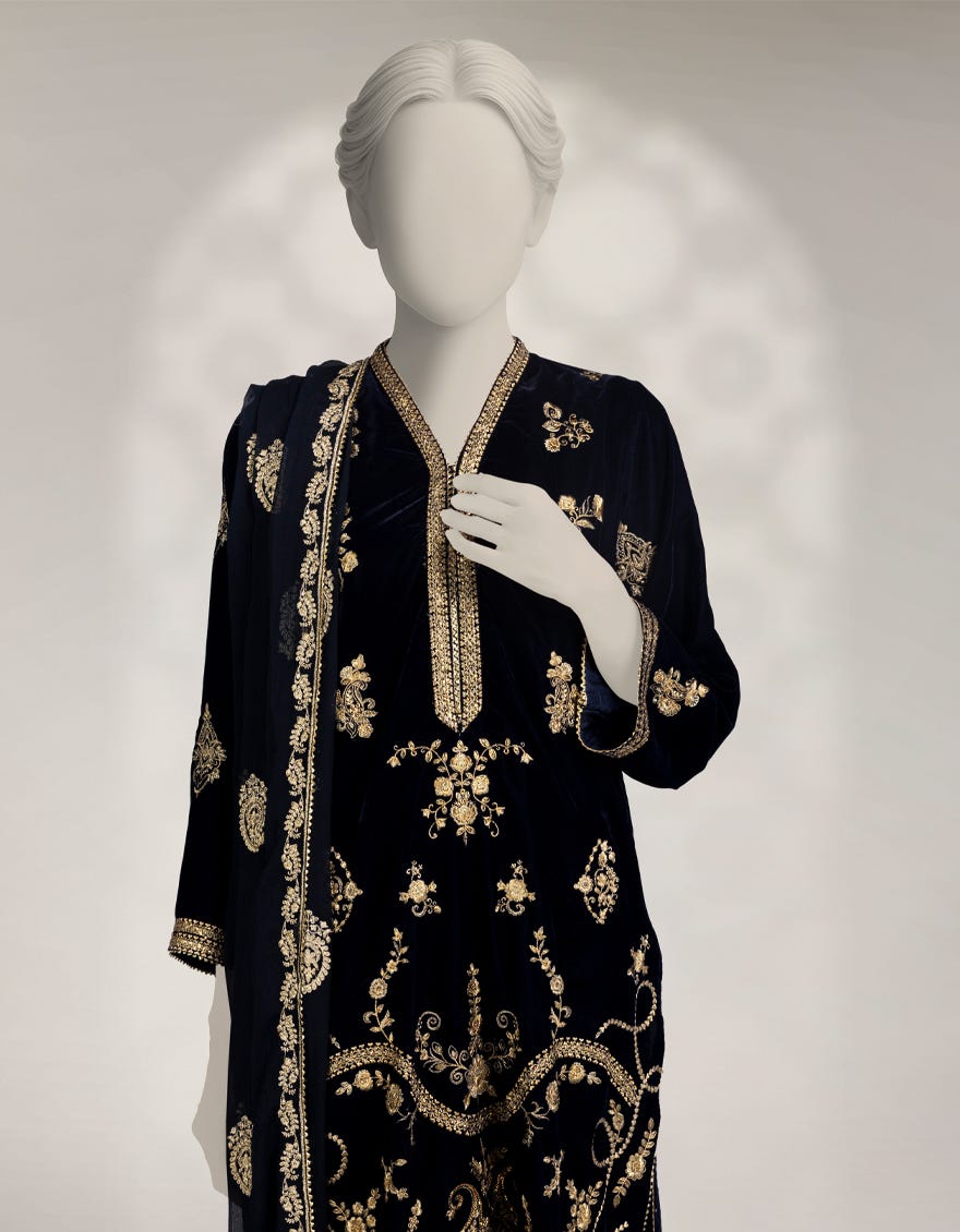 BLUE VELVET EMBROIDERED 3PC STITCHED