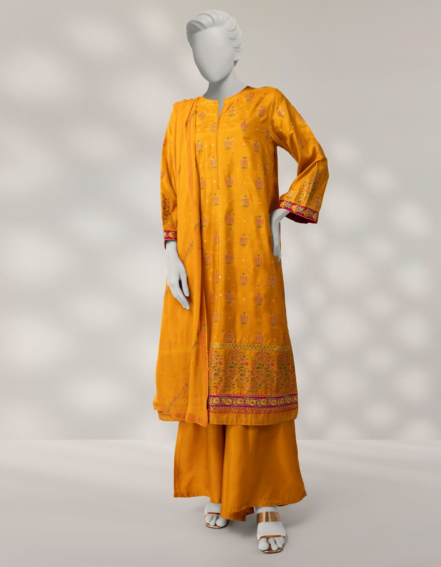OCHER RAW SILK EMBROIDERED 3PC STITCHED