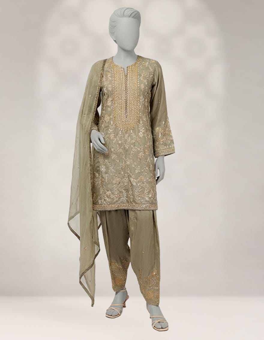 LIME GREEN RAW SILK EMBROIDERED 3PC STITCHED